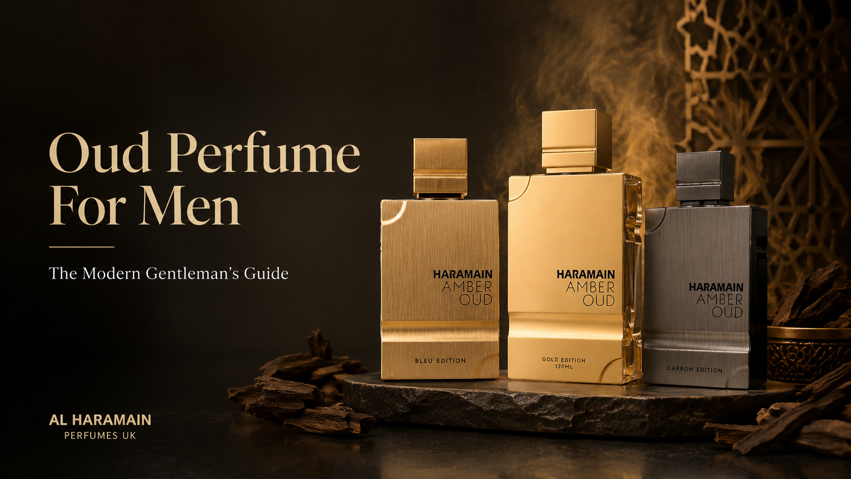 Oud perfume for men with Al Haramain Amber Oud fragrances, oud wood and luxury Arabian perfume styling.