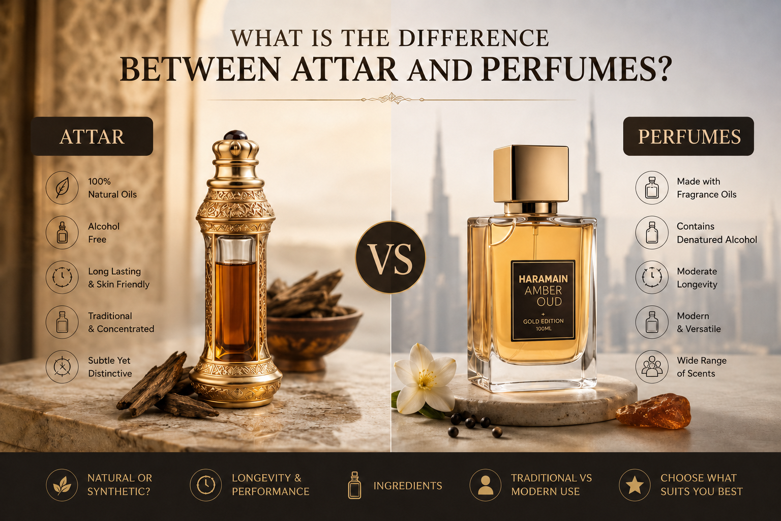 Difference between attar and perfume, comparing alcohol-free attar oil with Al Haramain perfume spray and modern fragrance ingredients.